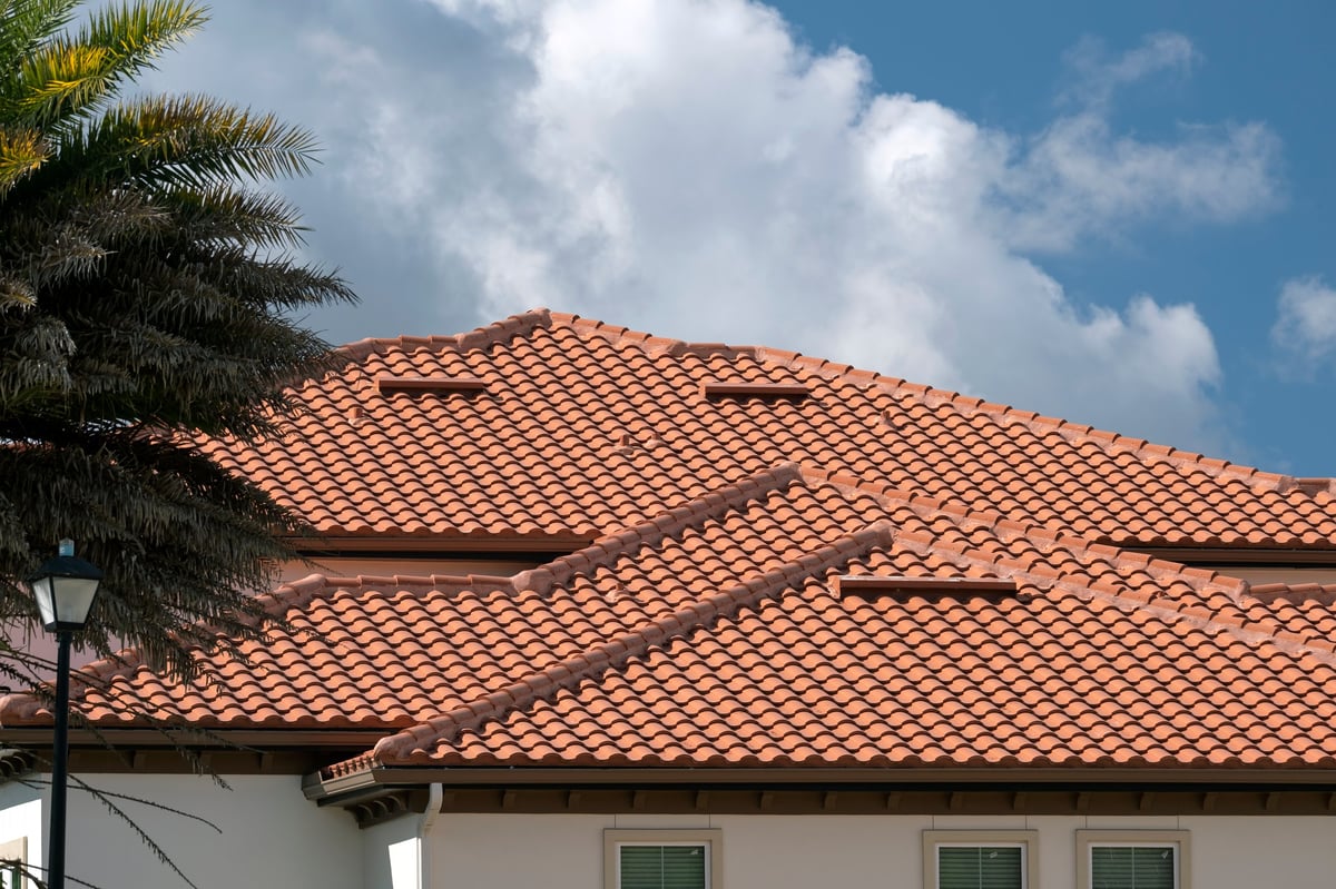 Close-up of tile roof showing ceramic shingles on residential building