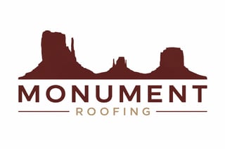 Monument Roofing logo featuring desert buttes silhouette with company name in dark red and tan text
